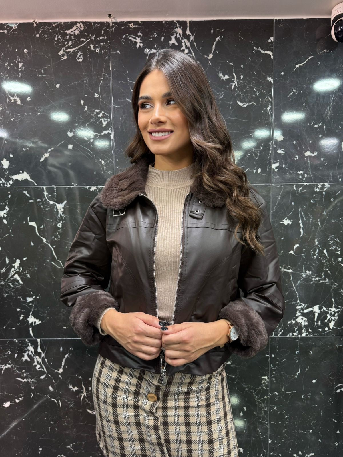 Brown leather jacket with fur