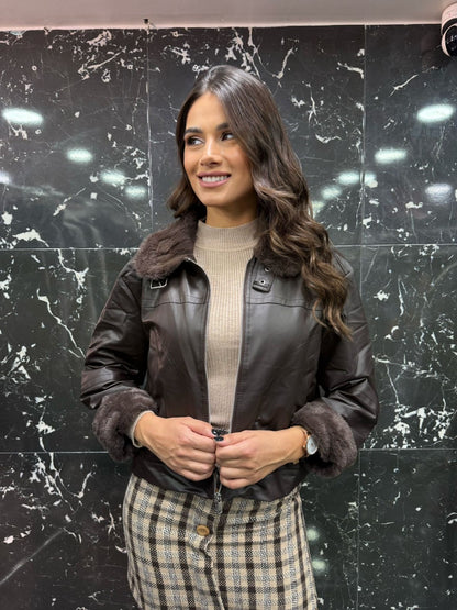 Brown leather jacket with fur