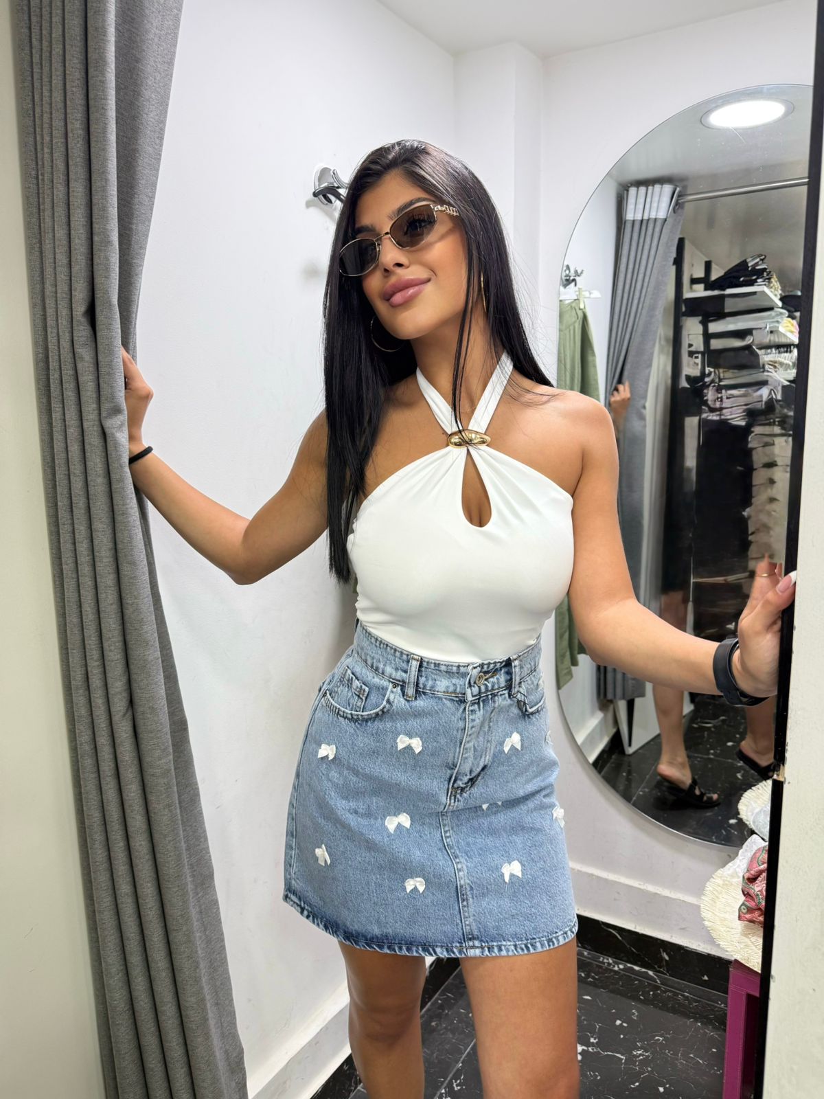 bow denim skirt
