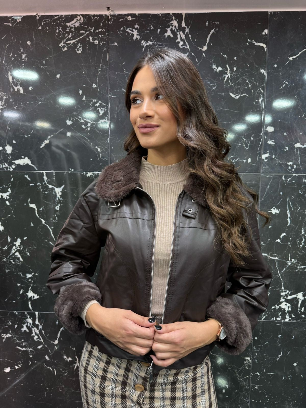 Brown leather jacket with fur